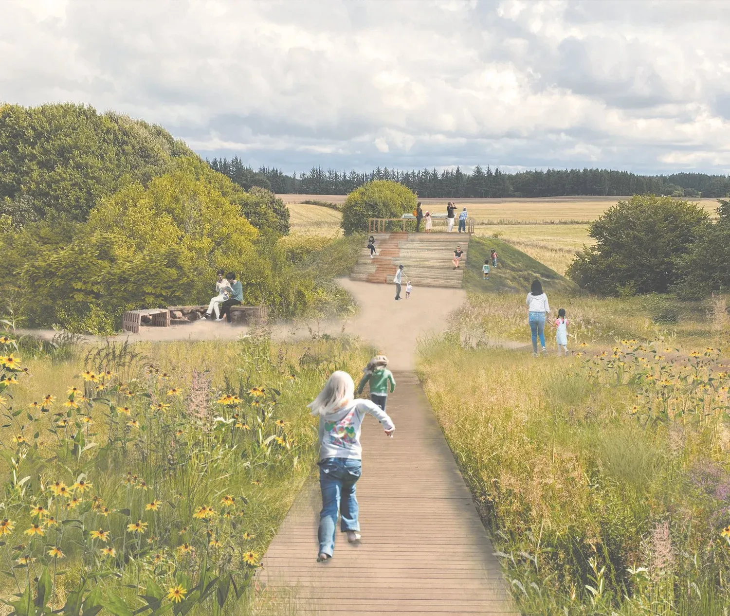 Lavt formidlingspunkt i kortenstål, knap synligt i græsset