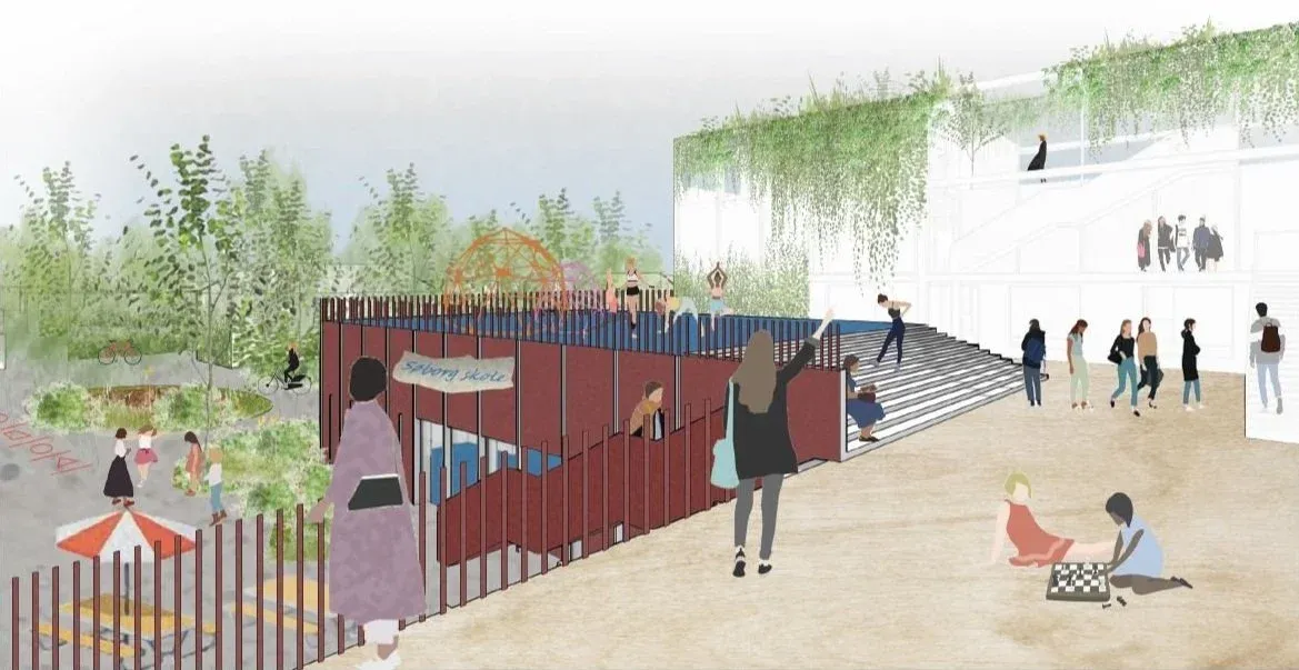 Niveaudelte terrasser med plads til ophold og undervisning udendørs