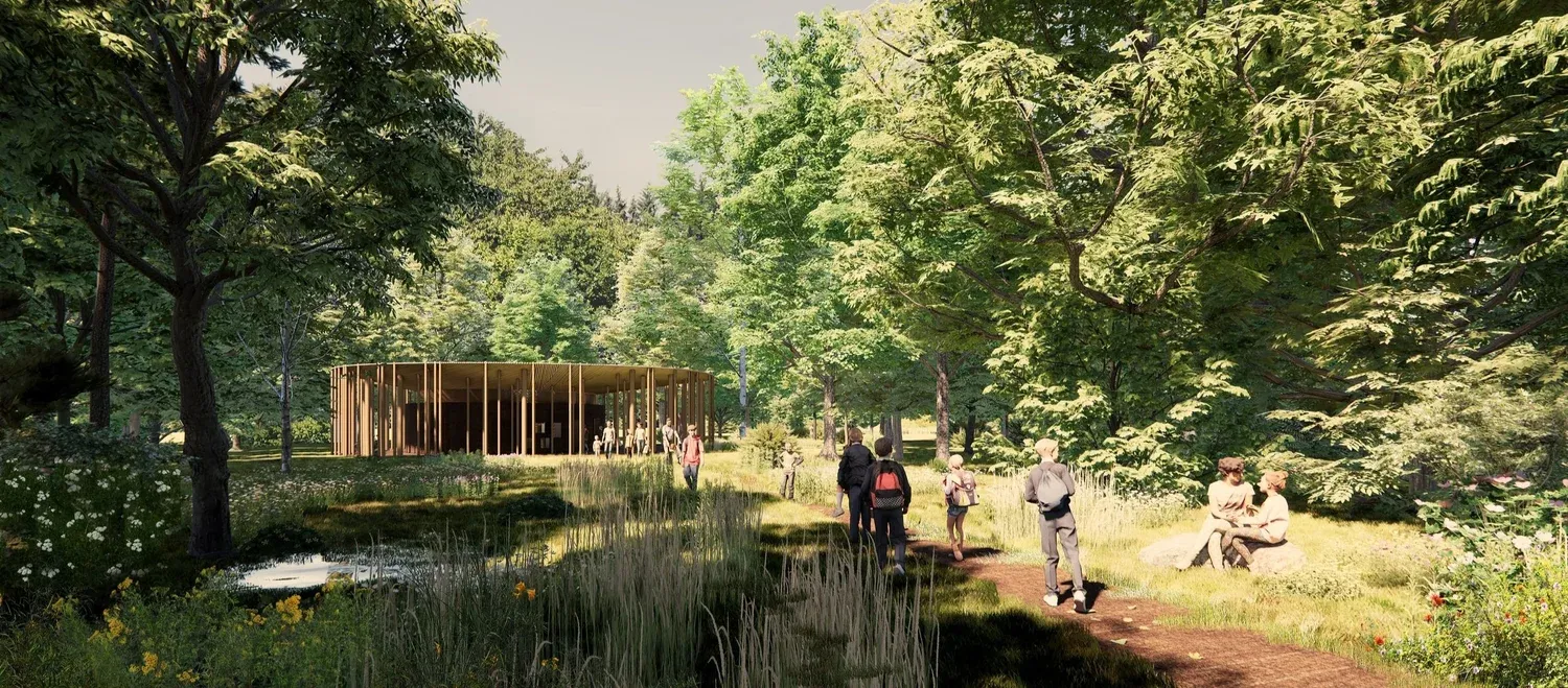 Stien mellem ankomstplads og gravhøj med eng på begge sider