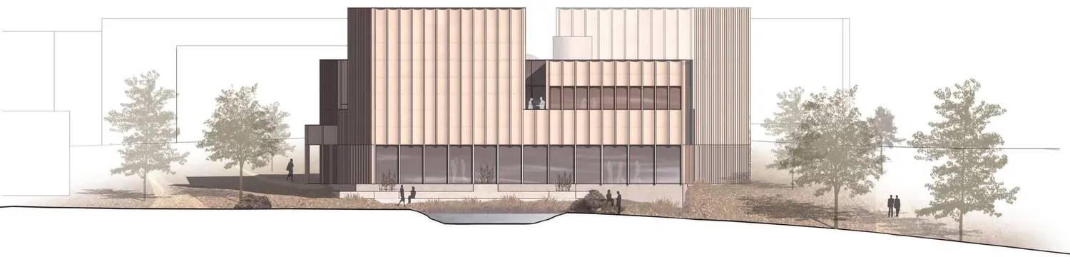 Aftenlys mod facaden med Esja-bjerget i baggrunden