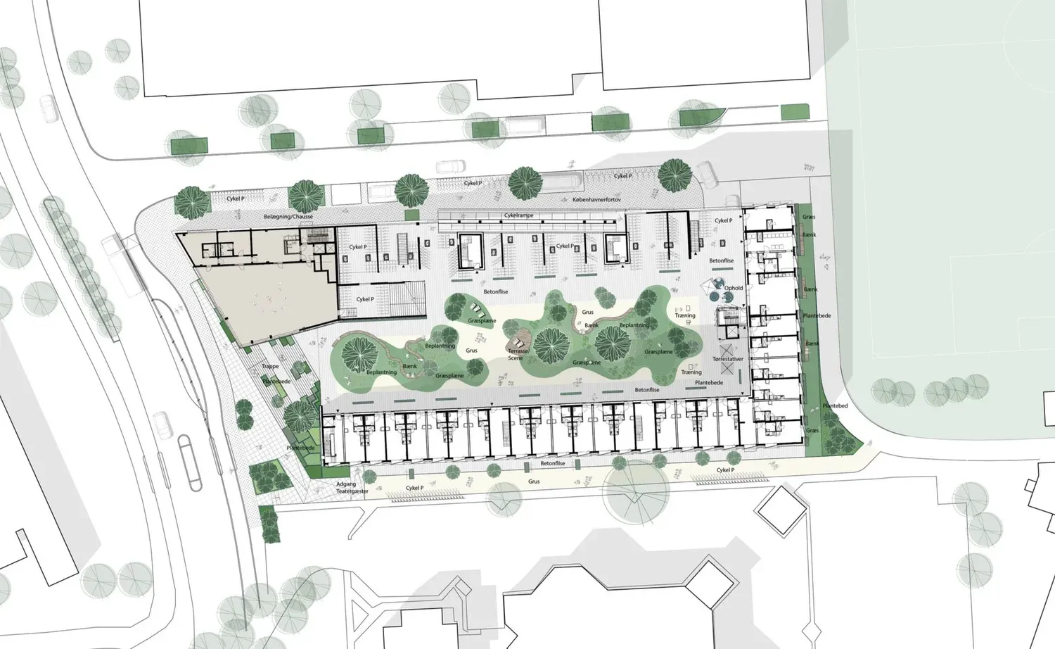 Ungdomsboliger ved Østre Gasværk med tagvegetation og fælles gårdrum