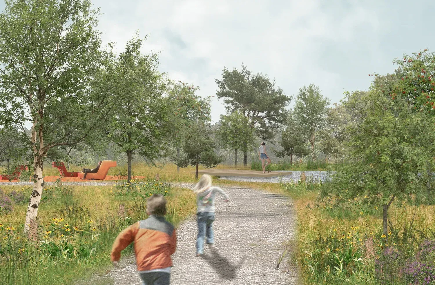 Luftfoto-perspektiv over Assentoft med markering af helhedsplanens tolv strategiske projekter